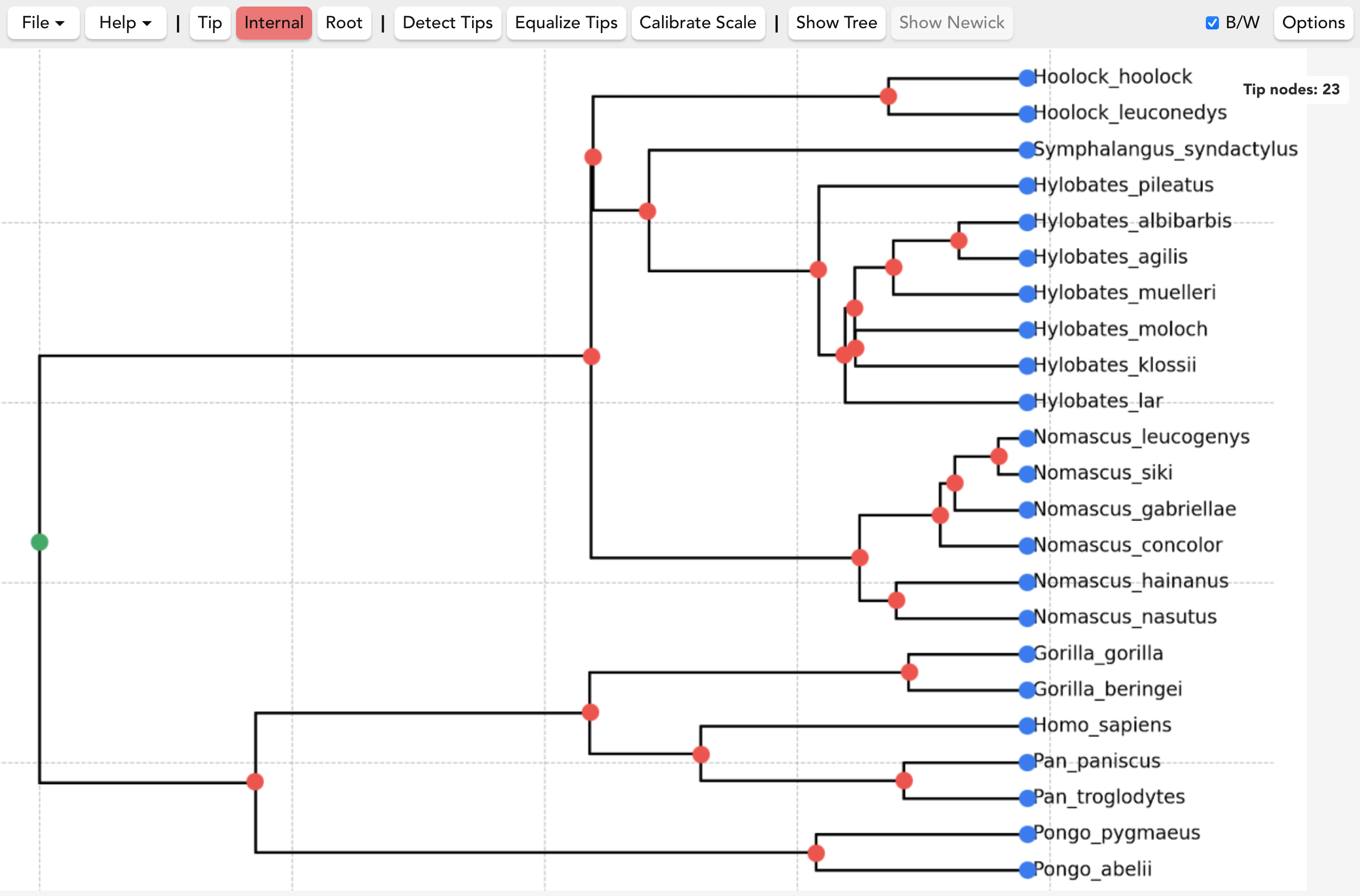 Treemble desktop interface with nodes marked on a published phylogenetic tree image.